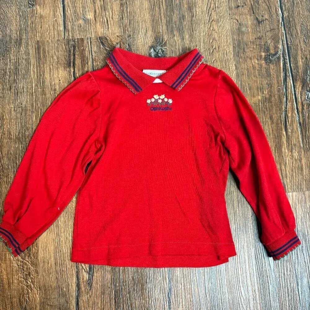 Vtg 1980's Osh Kosh B'Gosh red collared embroidered flower top